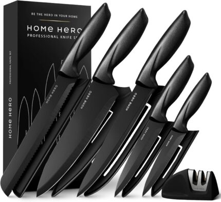 Home Hero Ultra-Sharp Stainless Steel Kitchen Knife Set - Chef Knives Set (5 pcs Set - Black with Sheath)