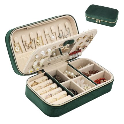 Boxudeli Travel Jewellery Box Small Jewellery Organiser Velvet Jewellery Storage for Earrings Rings Necklaces Bracelets Portable Jewellery Case for Women Girls (dark green)