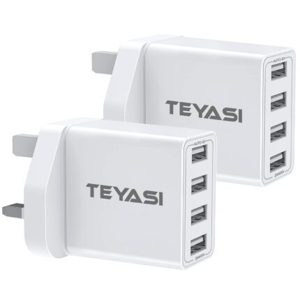 TEYASI 2 Pack USB Plug Adaptor UK, Multi Charger 4 Port 3 Pin Wall 25W/5V/2.4A Multiple Mains Power Adapter Fast Charging for iPhone 13 12 11 10 XS Max XR X 8 7 6 SE Samsung